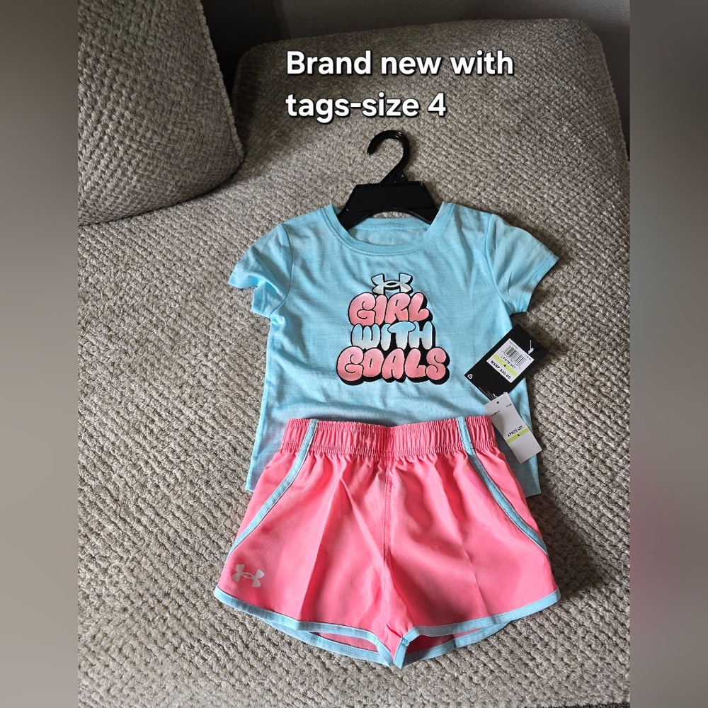 Under Armour Girls Light Blue Tee & Pink Athletic Shorts Set